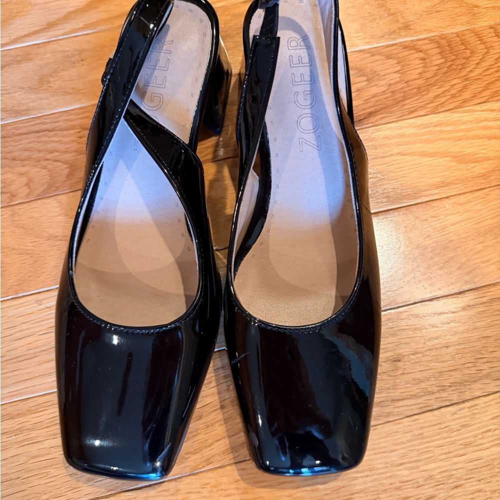 Black Patent Square-Toe Slingback Heels